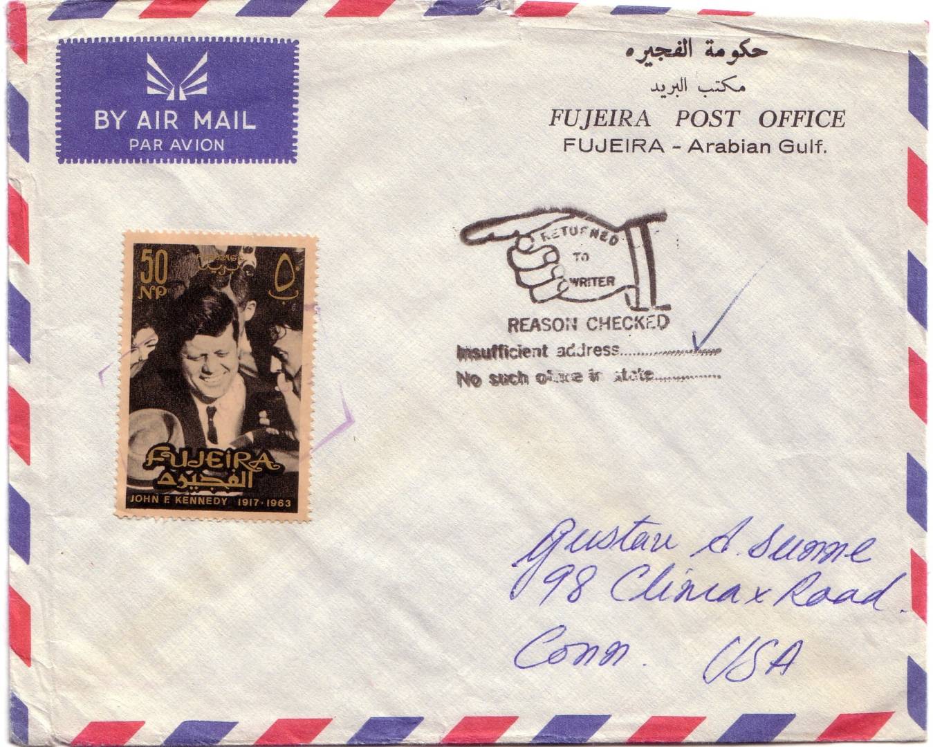 Letter dated June 1965 to USA properly franked with the Kennedy 50np stamp – returned to sender!