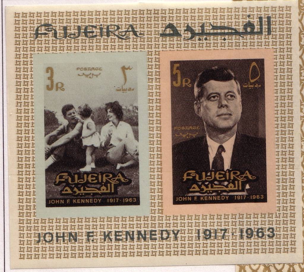 Kennedy Miniature Sheet – first minisheet for Fujeira containing the top two values in the set imperf.