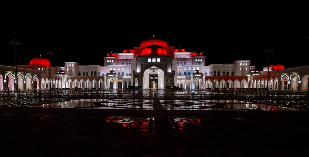 Qasr Al Watan, the Palace of the Nation, will be illuminated in red until Tuesday February 9, 2021 to celebrate the UAE’s Hope Probe nearing Mars.Fujairah Observer.