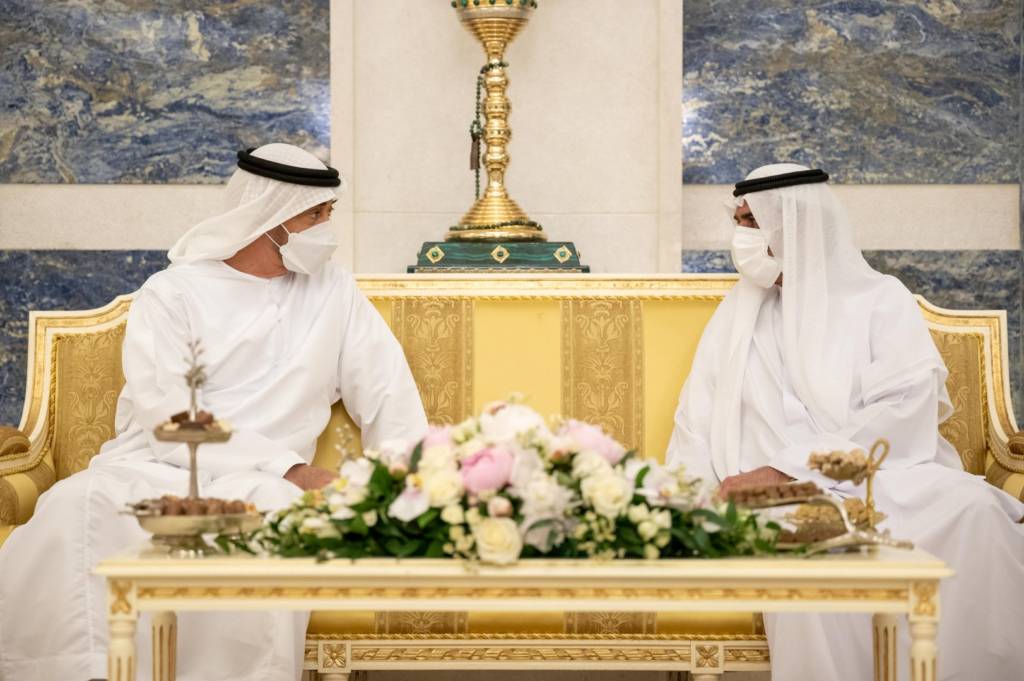 HH Sheikh Mohamed bin Zayed Al Nahyan, Crown Prince of Abu Dhabi and Deputy Supreme Commander of the UAE Armed Forces (L), exchanges Eid greetings with HH Sheikh Hamad bin Mohamed Al Sharqi, UAE Supreme Council Member and Ruler of Fujairah (R).