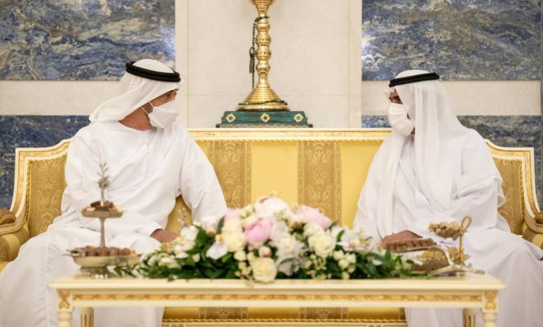 HH Sheikh Mohamed bin Zayed Al Nahyan, Crown Prince of Abu Dhabi and Deputy Supreme Commander of the UAE Armed Forces (L), exchanges Eid greetings with HH Sheikh Hamad bin Mohamed Al Sharqi, UAE Supreme Council Member and Ruler of Fujairah (R).