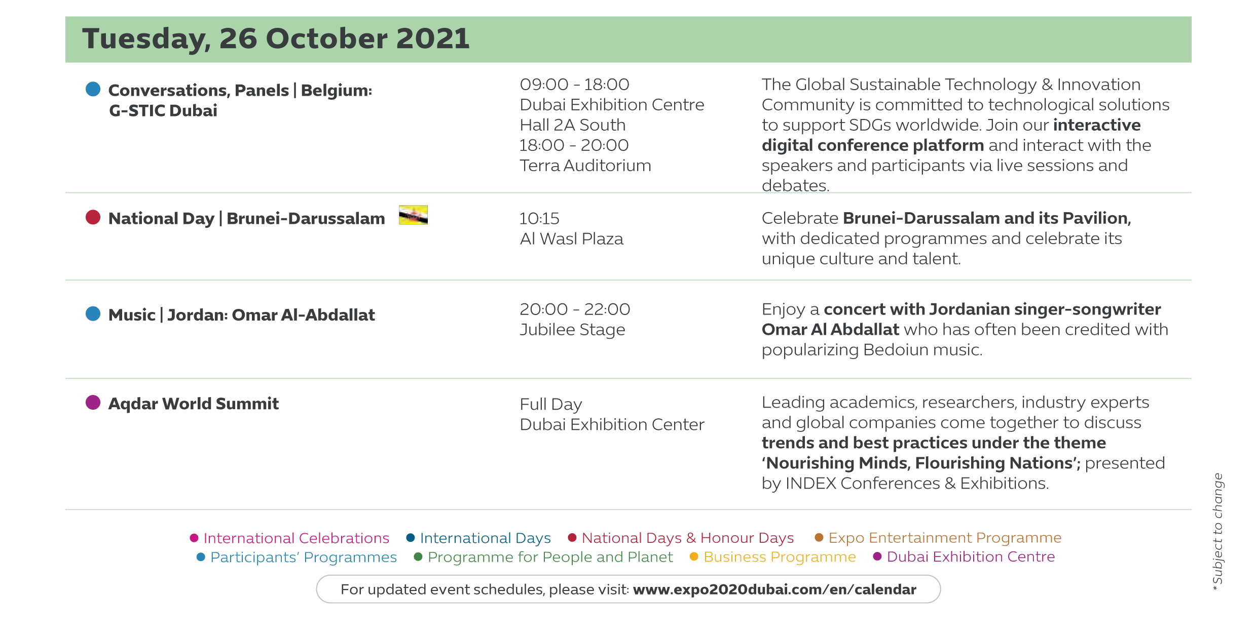 There are loads to see and experience at Expo 2020. Fill your calendar day with one-of-a-kind events, activities, and more.